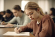 © MVProductions - Young caucasian female student taking notes in class at school, high quality generative ai