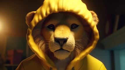 Poster - lion wearing yellow hoodie, digital art illustration, Generative AI