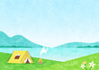 湖が広がるキャンプ場の風景 夏の水彩背景イラスト
