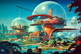Fototapeta  - Vintage pulp sci fi art, glass sphere city, geometric science fiction futuristic architecture, exterior building design, concept art. Generative AI