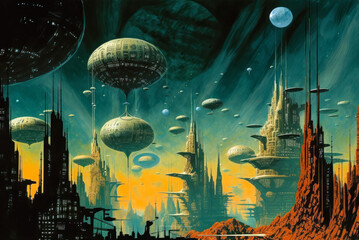 vintage pulp sci fi art, geometric science fiction futuristic architecture, exterior building design