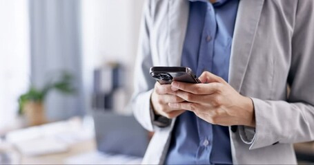 Poster - Business, phone and hands of woman in office for networking, communication and social media. Online, research and technology with female employee typing for connection, internet and digital app