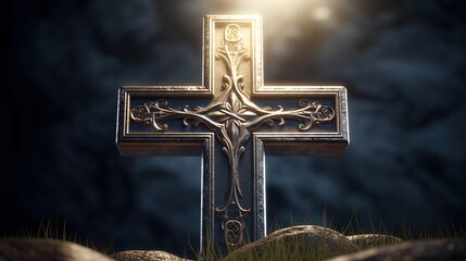 Christian cross on a dark background. 3D rendering.Generative Ai