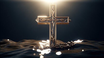 Christian cross on a dark background. 3D rendering.Generative Ai