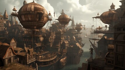 Wall Mural - Steampunk city over water rendering, AI