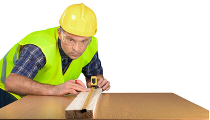 Canvas Print - Male worker in yellow helmet isolated on white  background