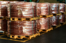 Rows Of Copper Wire Rod Coils In Production Plant Warehouse