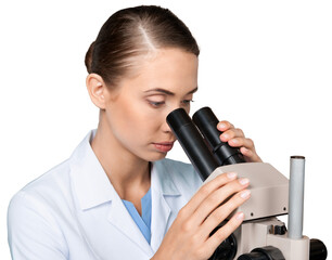 Wall Mural - Scientist Working with Microscope isolated on white background