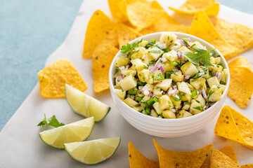 Wall Mural - Fresh pineapple and jalapeno salsa in a bowl with tortilla chips