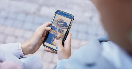 Hands, phone and order online for food delivery service using mobile app, website or internet outdoors in a city. Scrolling, choice and people or friends with cellphone screen using ecommerce