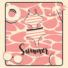 Pink summer poster with bikini and umbrella Vector