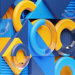 Poster - 3d rendering of realistic composition primitives. Abstract theme for trendy designs. Spheres, torus, squares, dots in neon blue and yellow colors.