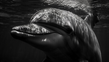 Canvas Print - Black and white dolphin swims in reef generated by AI