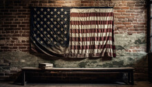 Ancient American Flag Graces Old Brick Wall Generated By AI