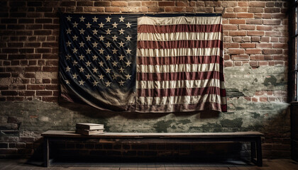 Ancient American Flag graces old brick wall generated by AI