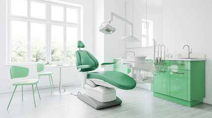 Modern Dental Clinic, Dentist chair and other accessories used by dentists in green medical light. Dental surgeon, is a surgeon who specializes in dentistry and treatment of conditions of oral cavity.