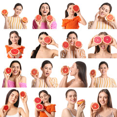 Canvas Print - Collage of beautiful women and girls with fresh grapefruits on white background