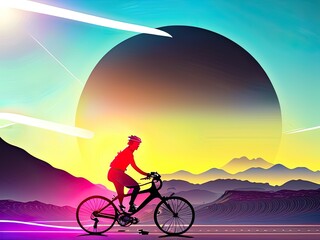 Wall Mural - silhouette of cyclist riding a road bike at sunset. Generative Ai