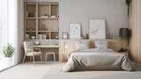 Fototapeta Panele - a minimalist bedroom with a neutral color, generative ai