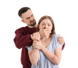 © Pixel-Shot - Young man shouting his scared wife's mouth on white background. Domestic violence concept