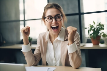 Excited businesswoman celebrating success in office. Successful businesswoman in eyeglasses sitting at table with laptop and raising hands up. Generative AI