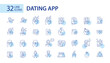 © yasnaten - 32 Dating app user profiles and interactions icons. Finding match, romantic attraction and long-term relationships. Pixel perfect, editable stroke