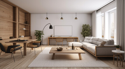 a minimalist living room with a neutral color, generative ai