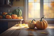 Ripe Pumpkins On The Table In A Kitchen, Generative AI