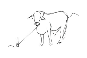 Single one line drawing cow for slaughter sacrifices. Happy Eid Al Adha concept. Continuous line draw design graphic vector illustration.