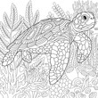 Underwater scene with a turtle. Adult coloring book page with intricate mandala and zentangle elements.