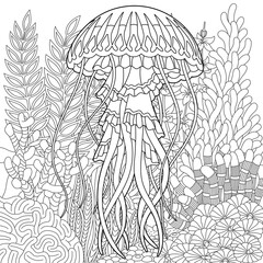 Wall Mural - Underwater scene with a jellyfish. Adult coloring book page with intricate mandala and zentangle elements.