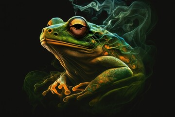 A green frog sitting and get covered in smoke created with Generative AI technology