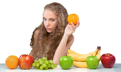 Canvas Print - Young woman enjoying fruits isolated on white background