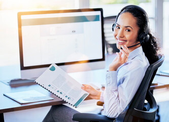 Poster - Woman, call center and portrait with microphone, documents or happy for crm, contact or customer service. Consultant, paperwork and listen on voip call for tech support, advice or telemarketing job