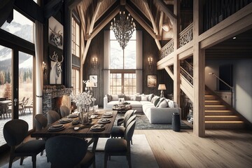 luxurious chalet interior with elegant furnishings, modern amenities and stylish accents, created with generative ai