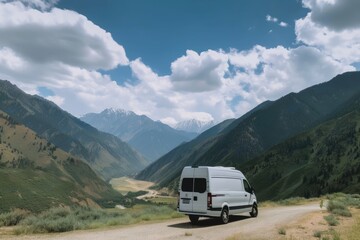 Wall Mural - van, surrounded by majestic mountains and azure skies, created with generative ai