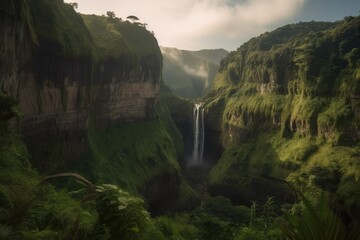 Wall Mural - lush jungle growing on the cliffs of a canyon, with waterfalls and wildlife, created with generative ai