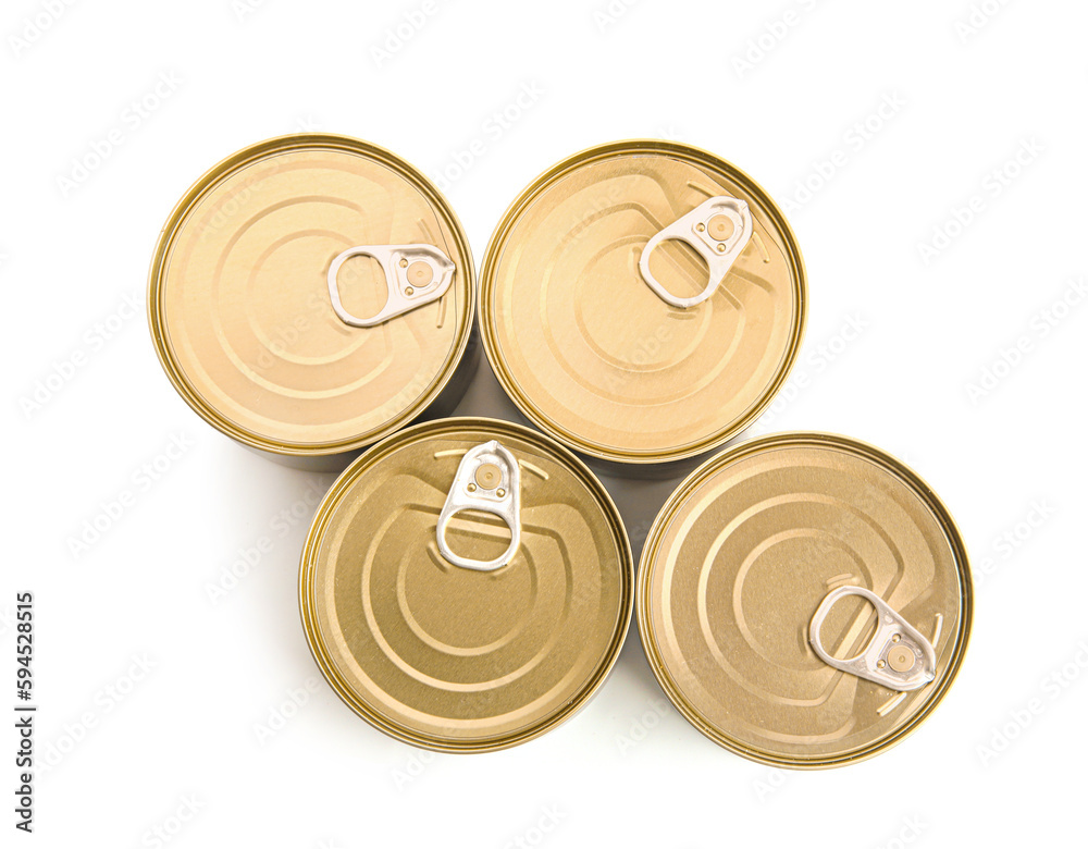 Tin cans with fish isolated on white background