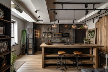 apartment renovation with industrial and vintage elements, exposed pipes and ducts, created with generative ai