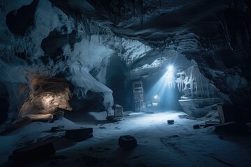 Wall Mural - frozen cavern, with mysterious ancient civilization frozen in time, and treasures waiting to be uncovered, created with generative ai