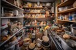 cluttered and disorganized pantry overflowing with food, baking supplies, and other cooking essentials, created with generative ai