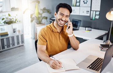 Poster - Happy man, phone call and office planning, business discussion and online chat for project on laptop. Excited Asian person or designer communication, writing notes or contact information on notebook