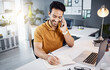 © C.M./peopleimages.com - Happy man, phone call and writing notes for business planning, online project or creative development. Asian person or graphic designer talking in office communication, notebook planner and computer