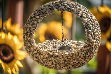 Sticker - close-up of bird feeder filled with sunflower seeds, created with generative ai