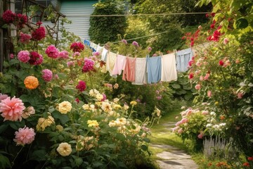 Wall Mural - a clothesline in a garden, with colorful flowers in bloom, created with generative ai