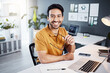 © C.M./peopleimages.com - Happy, smile and portrait of a businessman in the office while working on a project with a laptop. Confidence, leadership and professional male employee planning a company report in the workplace.
