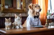 a cat and a dog sitting together on table, being served by wait staff, created with generative ai