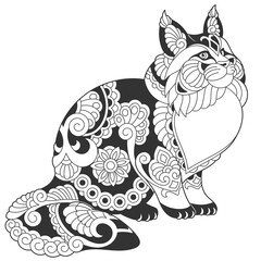 Wall Mural - Cute maine coon cat design. Animal coloring page with mandala and zentangle ornaments.