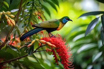 exotic bird perched on blooming flower, surrounded by lush greenery, created with generative ai
