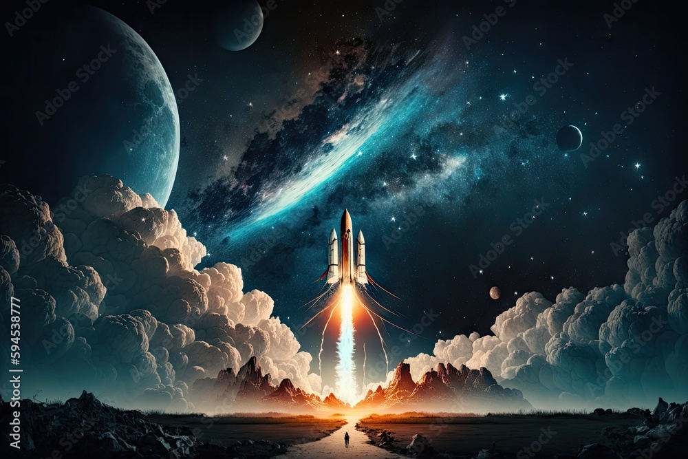 rocket start with view of stunning night sky, with stars and moon ...